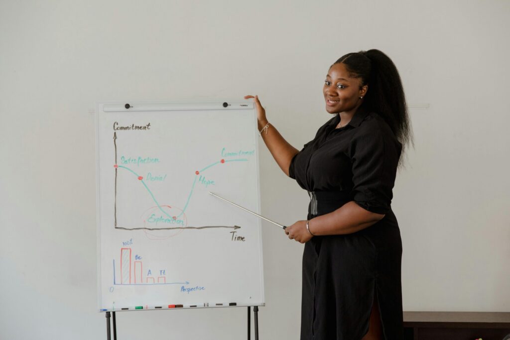 Leadership development trainer holding a pointing stick